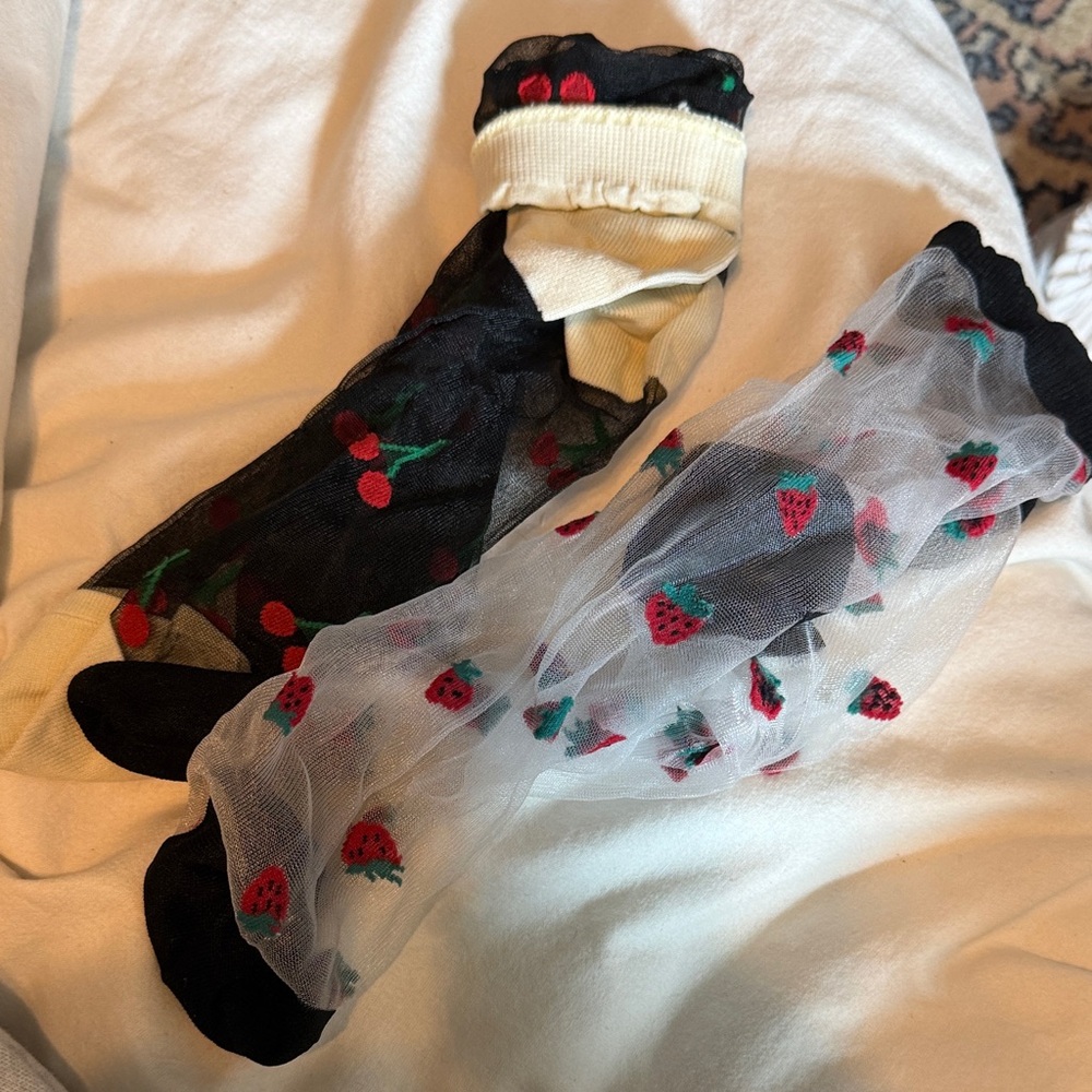 Anthropologie Black and White Sheer Socks with Red Berry Design
